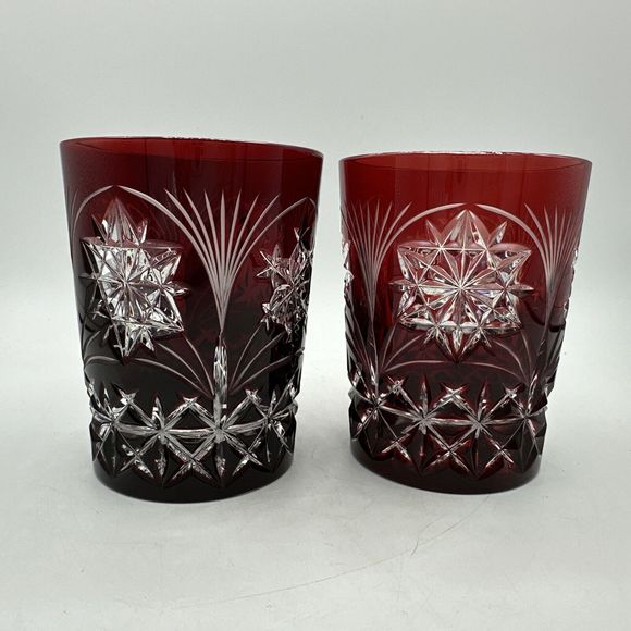 2 Bohemian AJKA Crystal Ruby Red Etched Glasses Snowflake Winter Holiday RARE - Picture 9 of 13